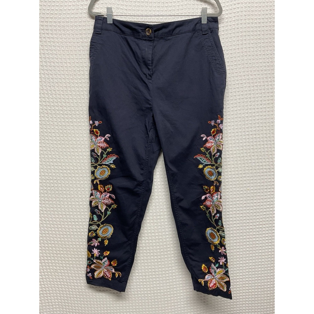 Boden Women's Double Sided Design Pants‎ Navy Floral Embroidered Pockets SZ 8R